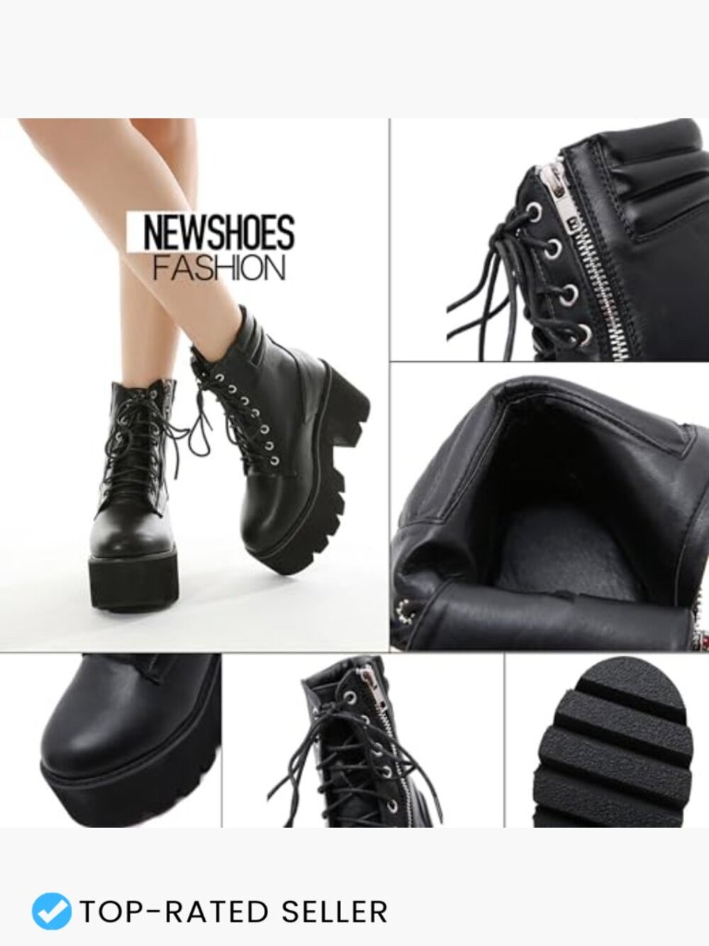 Round Toe Chunky Ankle Boots Lace Up Zipper Combat Boots Platform Heel - Picture 5 of 6